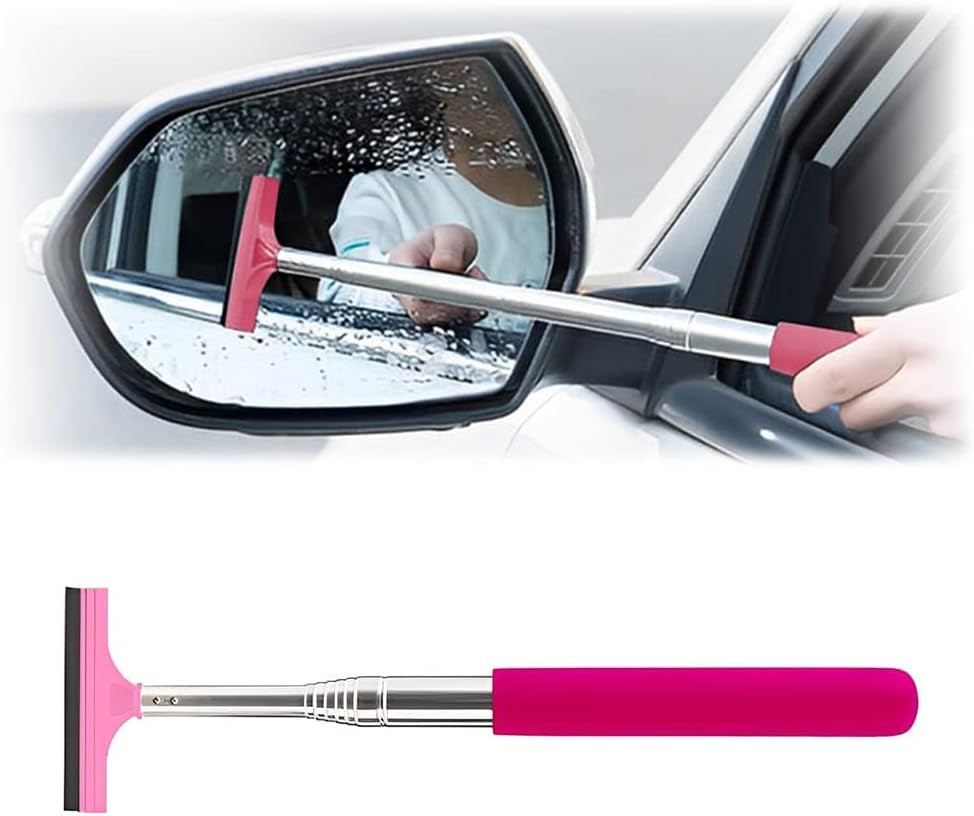 Car Rearview Mirror Wiper, Retractable Auto Glass Squeegee, Water Cleaner with Telescopic Long Rod, Portable Cleaning Tool for All Vehicles, Universal Automotive Accessories (Pink)