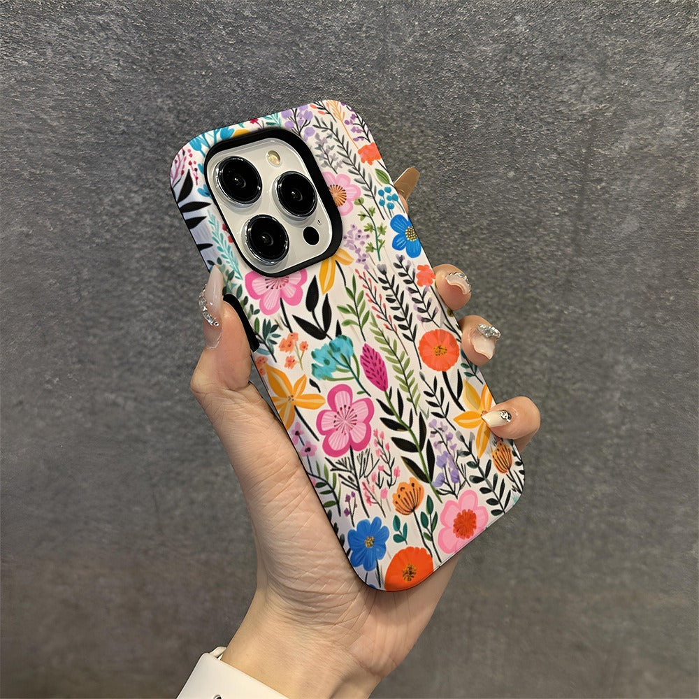 Colorful Flower Phone Case Apple 14pro Women's Trendy 2-in-1 Film Case Apple 15 Phone Case iP16