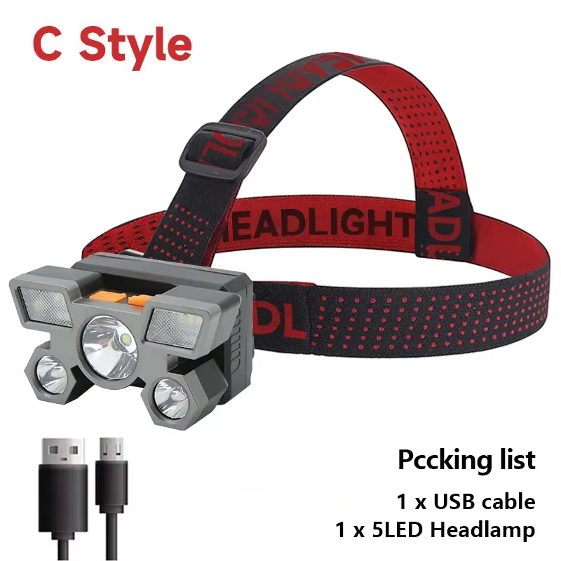 5 LED Flashlight Rechargeable with Built in Battery Strong Light Camping Adventure Fishing Head Light Headlamp